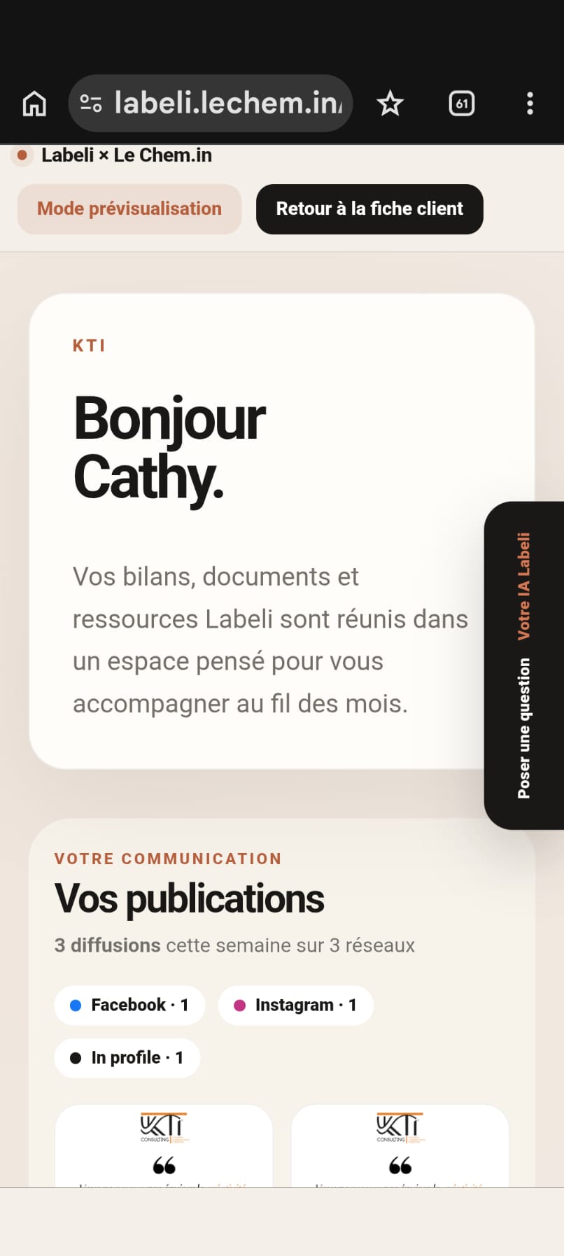 Accueil de l’espace client Le Chem.in consulté depuis un téléphone
