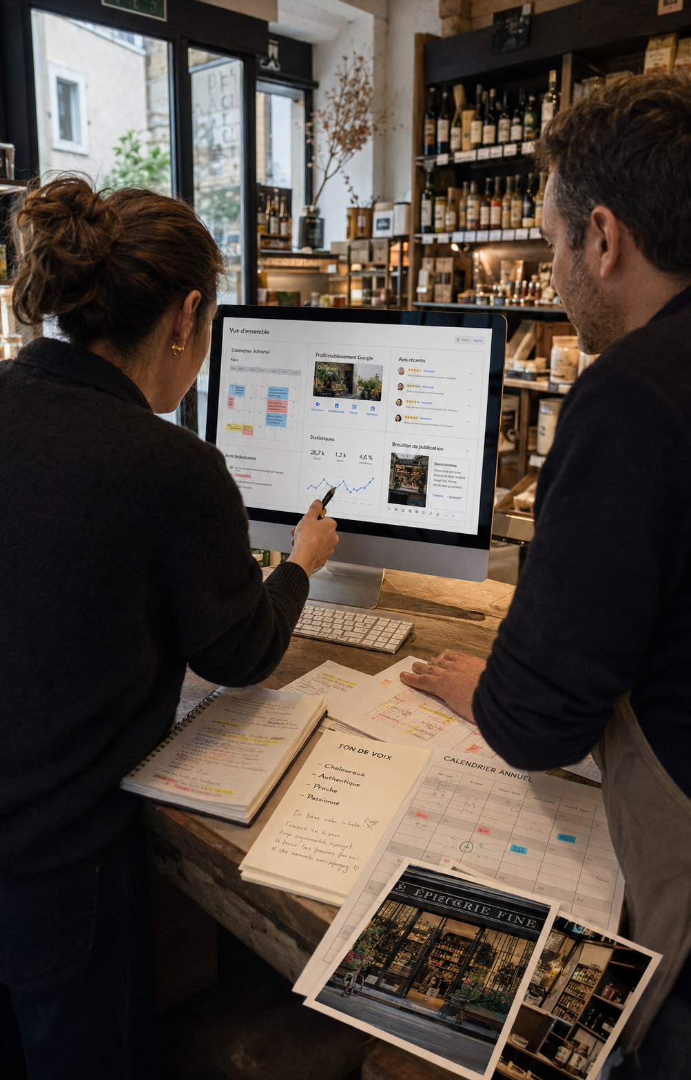 Labeli et un commerçant relisent ensemble le planning, les avis, les statistiques, les anciennes publications et les notes accumulées sur l’entreprise