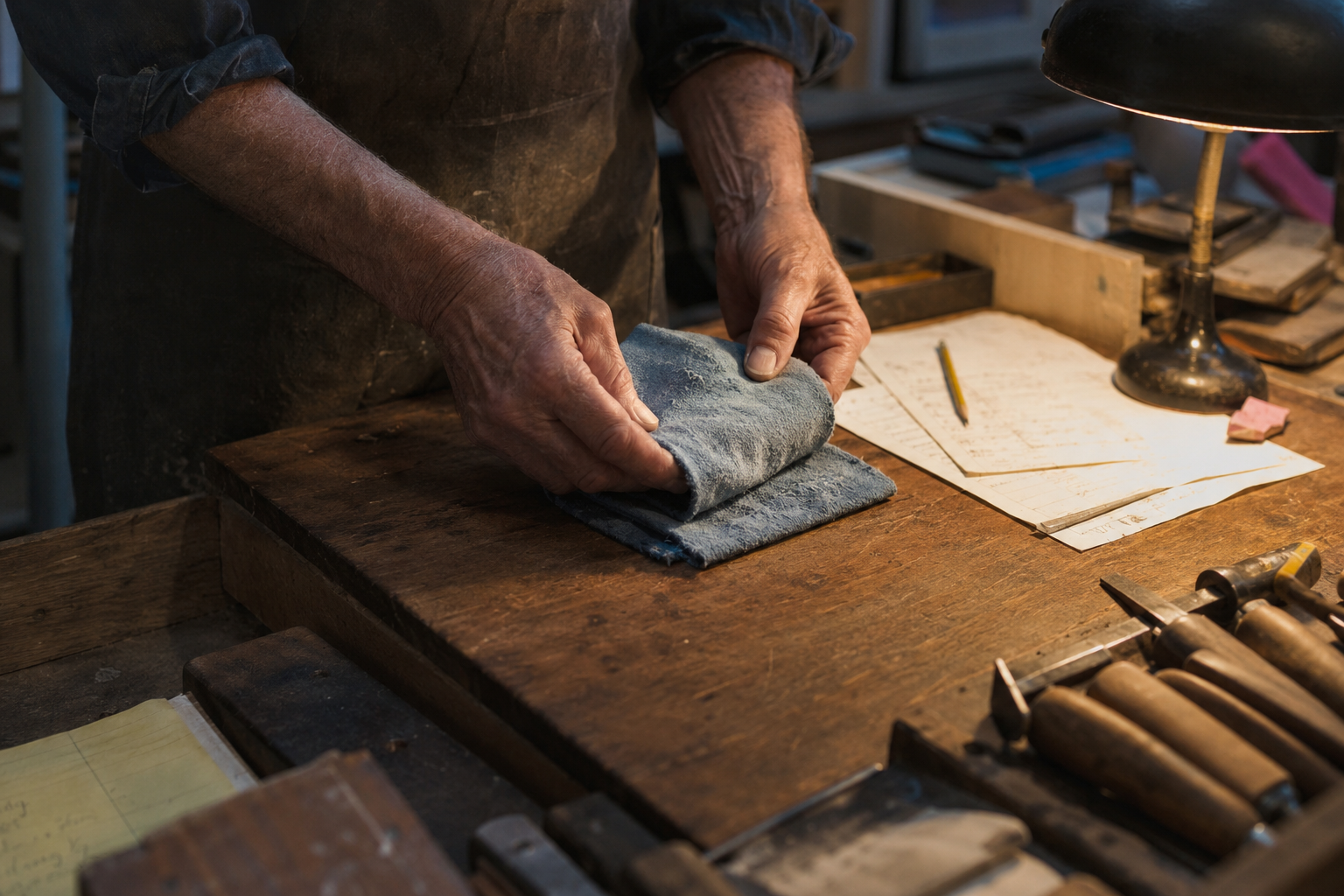 Les mains d’un artisan rangent son espace de travail